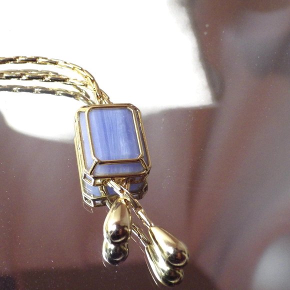 J. Crew Necklace/ Blue Encased-marble/ Bolero Style/ Gold Tone/ 30" - Picture 4 of 10